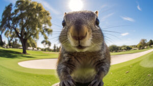 A cute squirrel captured by a fisheye lens camera installed on a golf course