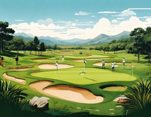 Firefly A stylized illustration of a golf course designed for players of all skill levels, featuring